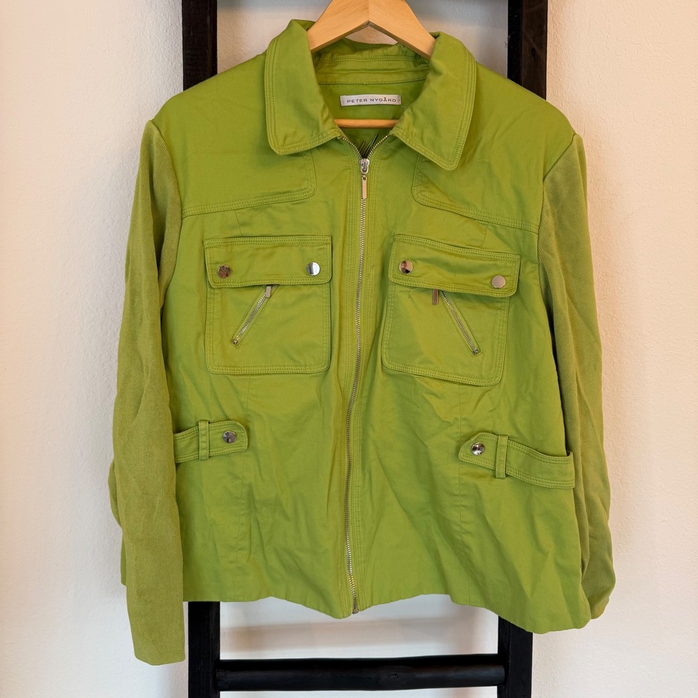 Peter Nygard Women's Lime Green Utility Jacket Button Snap Pockets Zip Front